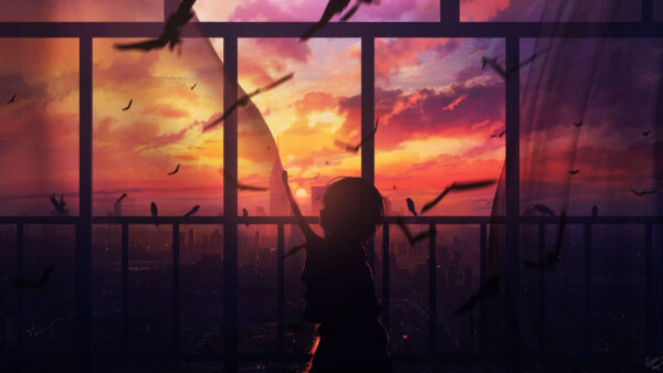 Wallpaper Standing, Anime, Background, Girl, Sunset