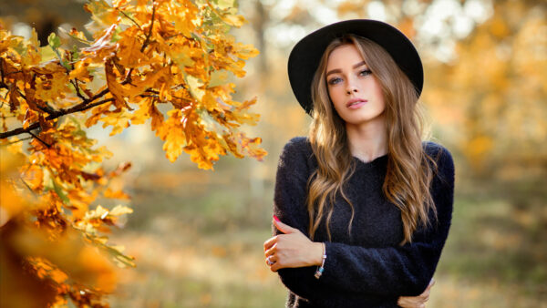 Wallpaper Girls, And, Yellow, Standing, Black, Model, Background, Wearing, Bokeh, Dress, Blur, Hat, Girl