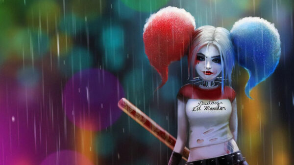 Wallpaper Rain, White, Harley, Quinn, Red, Standing, And, With, Dress