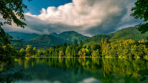 Wallpaper During, Nature, Clouds, Greenery, Colorful, Under, Autumn, View, Landscape, Sky, Lake, Reflection, White, Daytime, Trees, Blue, Mountains