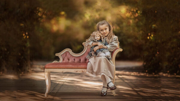 Wallpaper With, Girl, Cute, Little, Blur, Background, Bokeh, Chair, Sitting, Doll