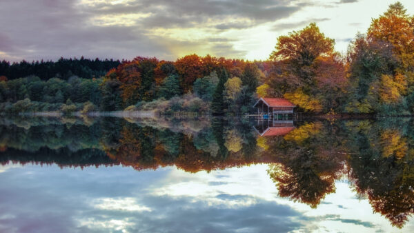 Wallpaper Body, Reflection, And, White, Water, Under, Clouds, House, Leafed, Autumn, Calm, Fall, Sky, Colorful, Nature, Black, Trees