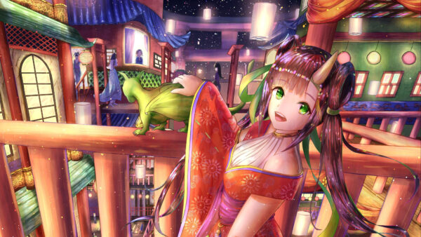 Wallpaper Girl, Anime, Demon, Horns, Green, Eyes