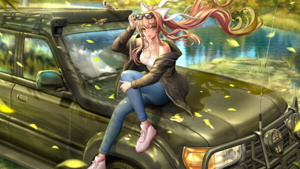 Wallpaper Jeans, Anime, Green, Car, Girl, Sitting, Brown, Wearing, Long, Blue, Jerkin, Hair