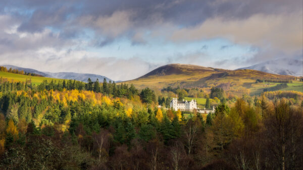 Wallpaper Autumn, Landscape, Green, View, Mountain, White, Background, Sky, Hills, Clouds, Trees, Forest, Castle, Nature, Yellow