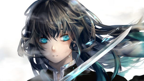 Wallpaper Demon, Blue, With, Anime, Mitsuri, Background, Sword, Kanroji, Desktop, White, Eyes, Slayer