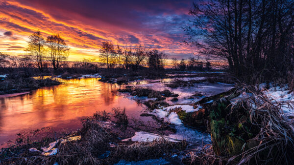 Wallpaper Sky, With, Snow, Nature, Colorful, Trees, River, Covered, Under, Cloudy