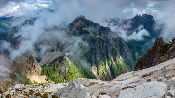 Wallpaper Nature, Stones, Green, Covered, Fog, Rocks, With, Trees, Mountains, Desktop, Mobile