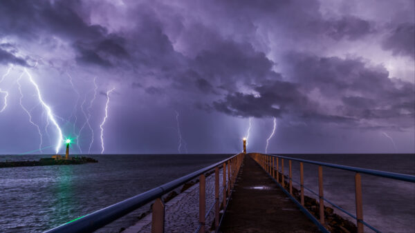 Wallpaper Lightning, From, Ocean, Lighthouse, Nature, Pier, Sky, Bridge, During, Nighttime