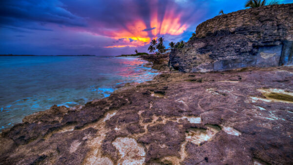 Wallpaper Black, Nature, Closeup, View, Ocean, Under, During, Rocks, Clouds, Sunrise, Blue, Sky