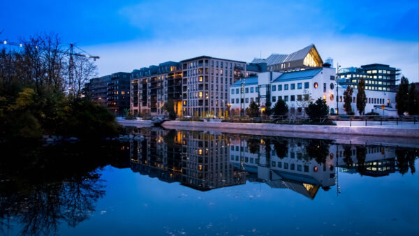 Wallpaper Desktop, Reflection, City, Architecture, Blue, Background, Buildings, Lake, Sky, Mobile