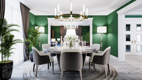 Wallpaper Table, Room, Lights, With, White, Decorated, Chairs, Green, WALL
