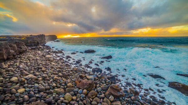 Wallpaper Nature, Waves, Coast, Sky, Sea, Stones, Black, Foam, Yellow, Clouds