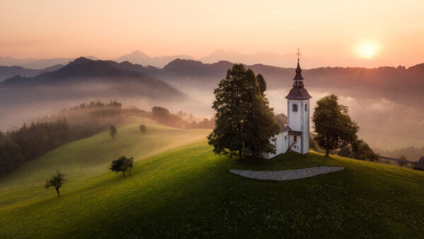 Wallpaper Slope, Hill, Nature, Church, Mountain, Fog, Greenery, Sunrise, During, Forest, Trees, With