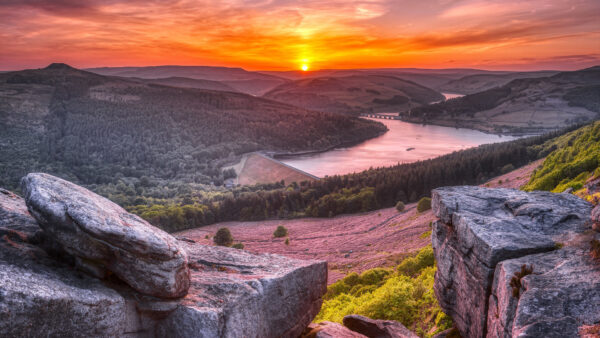Wallpaper Bridge, River, Landscape, Mountains, Nature, During, Forest, Sunset, Rocks, View, Trees