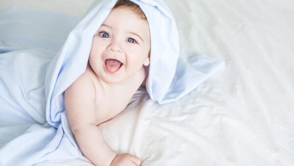 Wallpaper Covering, Down, Cute, Lying, NewBorn, Towel, Bed, White, Boy, With, Toddler, Laughing