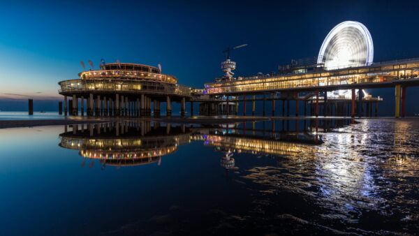 Wallpaper Blue, Bridge, Pier, Scheveningen, Lights, During, Nighttime, Travel, Sky