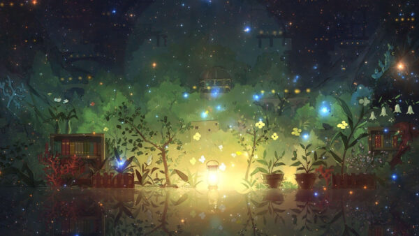 Wallpaper Lights, Leaves, Green, Background, Plants, Anime, Lamp, Flowers