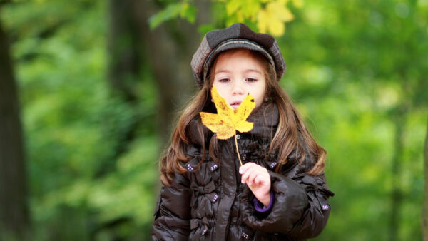 Wallpaper Yellow, Cap, Black, Girl, Green, Hand, Little, Holding, Cute, Leaf, Background, Jacket, And, Wearing, Blur