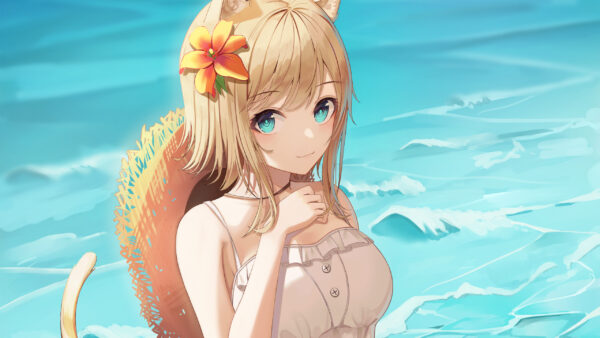 Wallpaper Flower, Water, Anime, Girl, Blue, Background, Eyes, Yellow