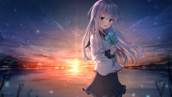 Wallpaper Uniform, White, Eyes, Girl, Long, With, Wearing, Anime, Sunset, Hair, Background, Blue, Flower