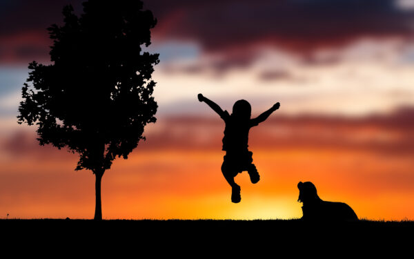 Wallpaper Happy, Sunset, Silhouette, Child