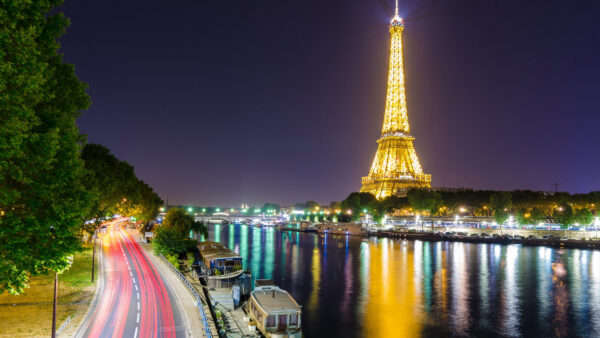 Wallpaper Background, Tower, And, Lights, With, Yellow, Paris, Boats, Travel, Desktop, Road, Sky, Eiffel, Lake, Side, Mobile