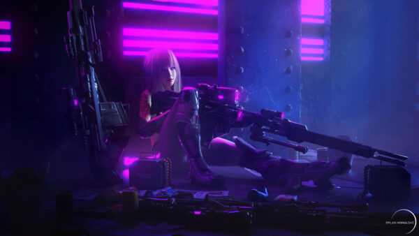 Wallpaper Lighting, Desktop, Purple, Back, Girl, Gun, Window