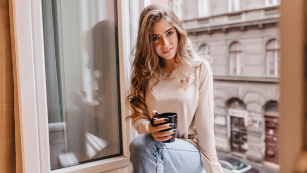 Wallpaper Black, Girl, Model, Brunette, Holding, And, Window, Desktop, WALL, Mobile, Sitting, Cup