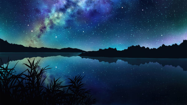 Wallpaper Background, Sky, Mountains, Water, Reflection, Stars, Blue, Anime