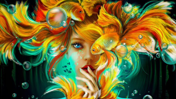 Wallpaper Eyes, Beautiful, Yellow, Fantasy, Blue, Fishes, Girl