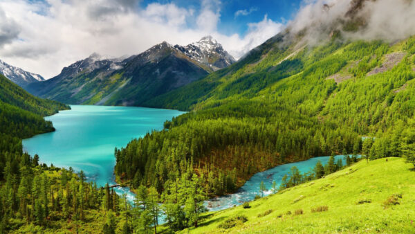Wallpaper Mountains, Beautiful, With, River, Nature, And, View, Covered, Fog, Scenery