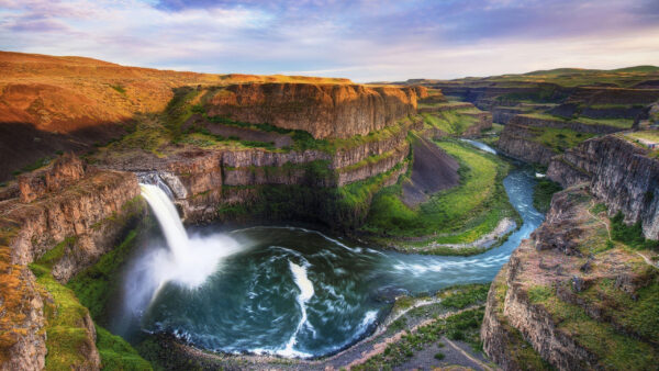 Wallpaper Pouring, Blue, Beautiful, Desktop, Waterfall, Between, Nature, River, Sky, Rocks, Under