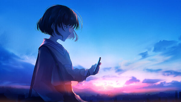 Wallpaper Sky, Background, Black, Short, Blue, Girl, Anime, Hair, Smartphone