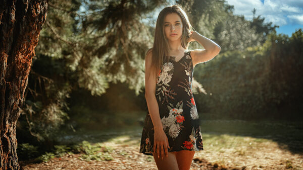 Wallpaper Dress, Girls, Black, Flowers, Model, Trees, Printed, Background, Girl, Woman, Wearing, Brunette