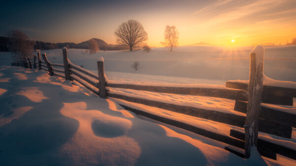 Wallpaper During, Field, Snow, Sunrise, Fence, With, Nature