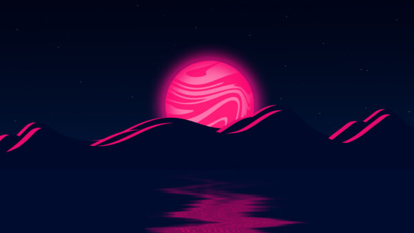 Wallpaper Mountain, Pink, Artistic, Moon, Landscape, Vaporwave