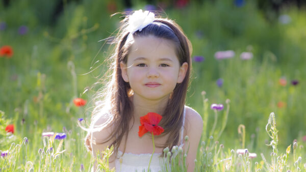 Wallpaper Green, Grass, Dress, Wearing, Little, Poppy, Cute, Sitting, Field, White, Flowers, Girl