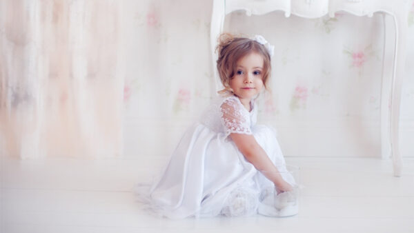 Wallpaper Background, White, Little, Wearing, Girl, Dress, Floor, Sitting, Cute