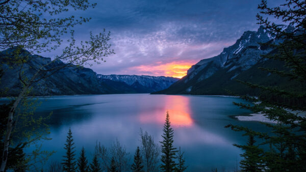 Wallpaper Reflection, Nature, Mountain, Calm, During, Water, Alberta, Canada, Body, Sunset