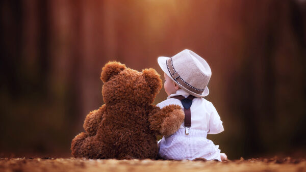 Wallpaper With, Dress, Sitting, Cute, White, Backside, Wearing, Bear, Hat, Teddy, Desktop, Baby, And