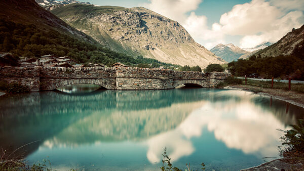 Wallpaper Bridge, Clouds, Nature, River, Mountain, White, Sky, Greenery, Reflection, Road, Between, Under, Blue, And, Water, Stone, Houses