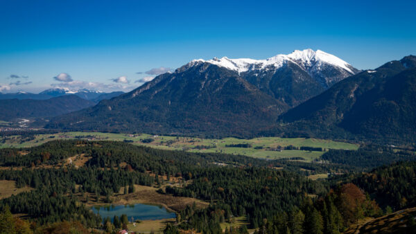 Wallpaper Nature, Background, With, Blue, Lake, Trees, View, Aerial, Snow, Sky, Green, Forest, Mountain, Slope, Land