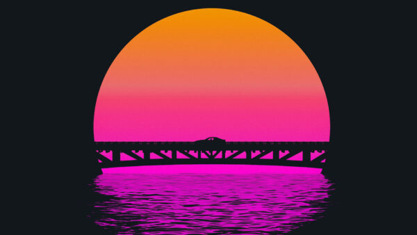 Wallpaper Pink, Orange, Bridge, Moon, Dark, Water, Above, Synthwave
