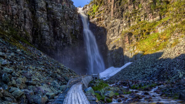 Wallpaper Nature, Sunlight, Waterfall, Scenery, Dock, Wood, Stones, Rock, Desktop, Beautiful, Path