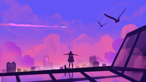Wallpaper Sky, Under, Standing, Pink, Vaporwave, Building, Girl, Desktop, Top, Purple