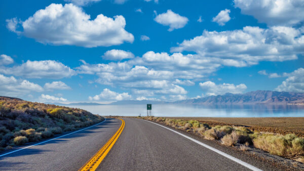 Wallpaper Blue, Turn, Bushes, Between, Road, Clouds, Under, White, Desktop, Mobile, Nature, Sky, River