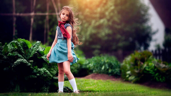 Wallpaper Green, Leaves, Background, Dress, Cute, Little, Blur, Girl, Scarf, And, Blue, Red, Wearing, Standing, Grass