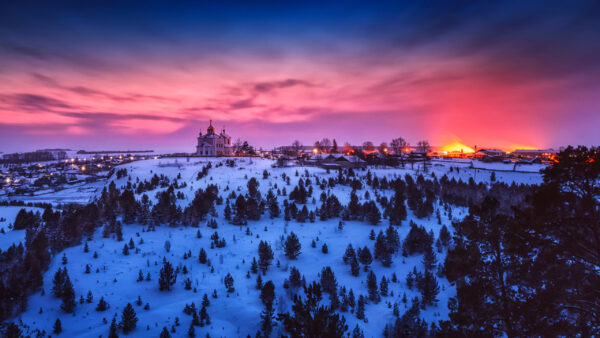 Wallpaper Sunset, During, Trees, View, Winter, Buildings, Landscape, Field, Green, Forest, Snow, Church