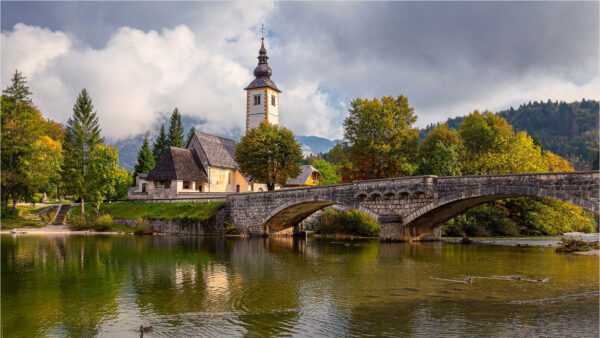 Wallpaper Travel, Church, Bridge, Lake, Slovenia, Bohinj